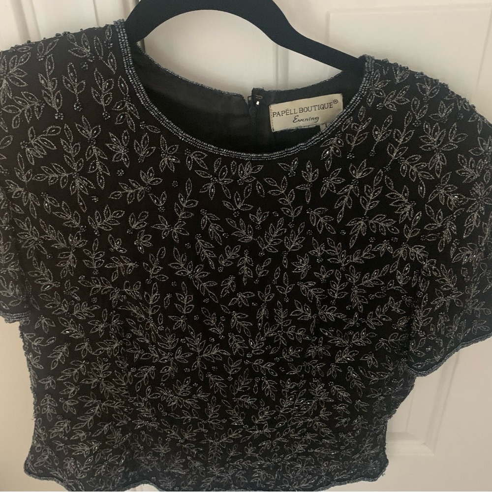 Vintage papell boutique evening women’s black silk beaded top size large